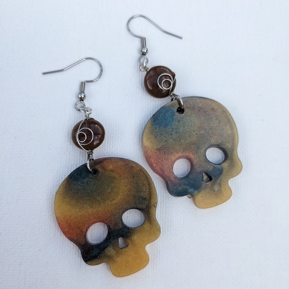 Fancy Jasper Earrings Beads Resin Skull Silver Wire Wrapped Resin Lightweight - Picture 9 of 9